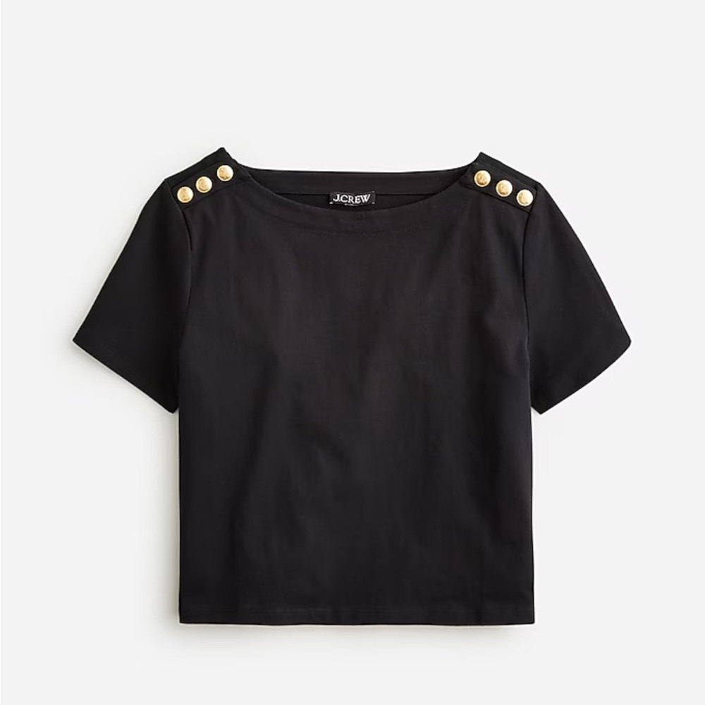 J. Crew Black Short-Sleeve Top with Gold Tone Shoulder Buttons
